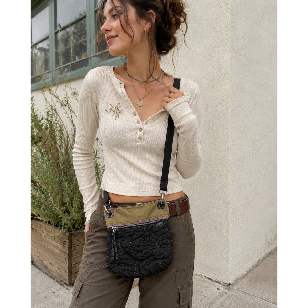 Fossil Key-Per Crossbody Bag Women Small Black Tan Quilted Floral Canvas Nylon